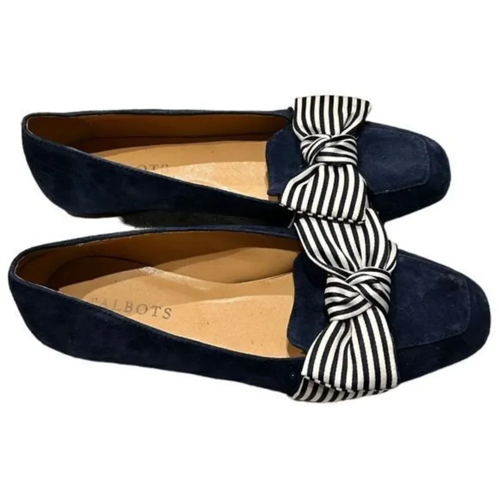 Talbots Women's Stella Stripe Bow‎ Knot Suede Loafers Navy Blue Size 6.5